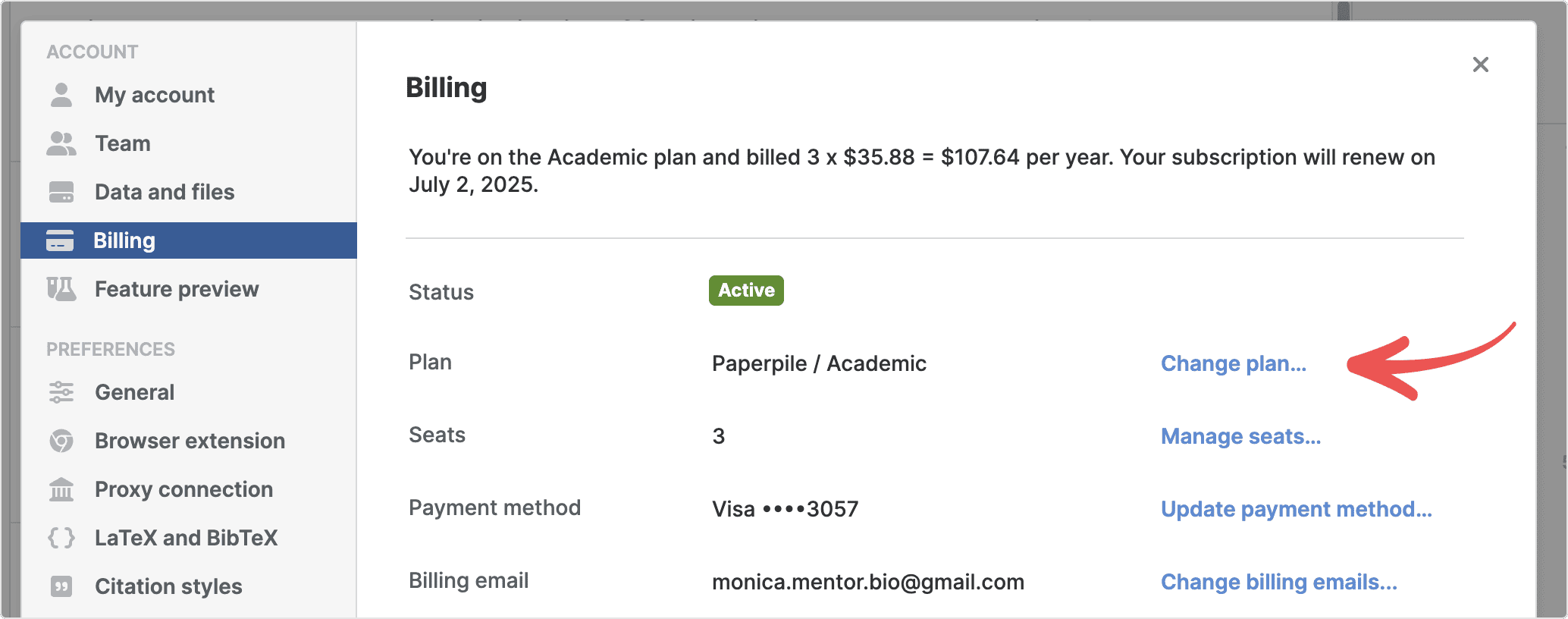 Settings › Billing for a team on the Academic plan billed 3 × $35.88 a year, showing status, plan, seats, payment method and billing email, with a red arrow pointing to the “Change plan…” link.